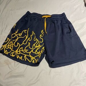 Navy Blue Men's Shorts with Yellow Flame Design